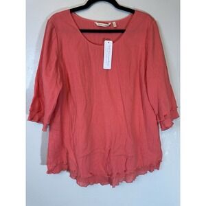 NWT Soft Surroundings Muslin Coral Blouse With Double Ruffle Cuff Size L